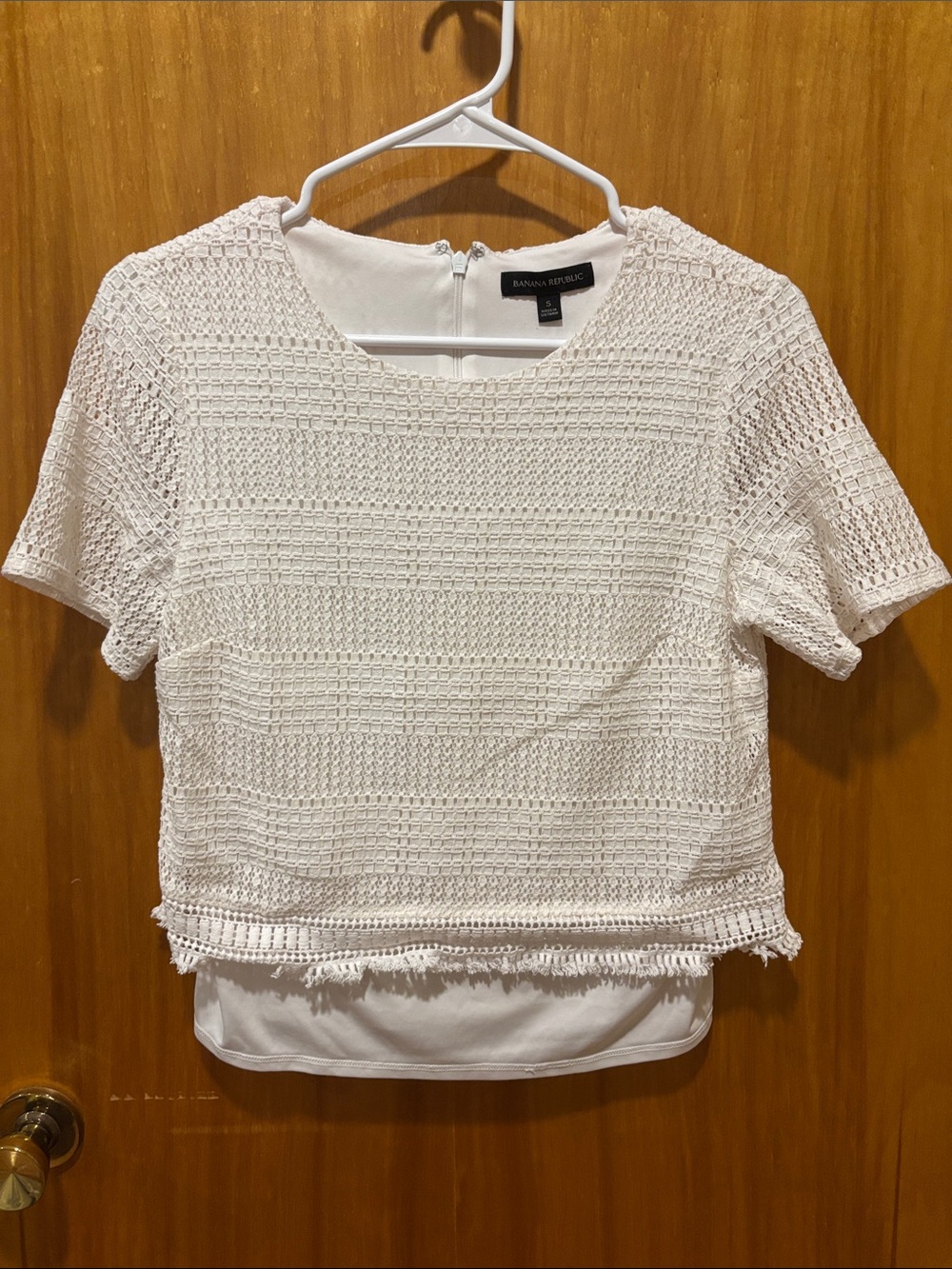 Banana Republic White Crochet Overlay Short Sleeve Top with Fringe Hem